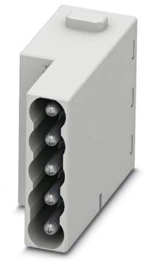 Boîtier rectangulaire gris en plastique avec cinq contacts métalliques verticaux internes, probablement un bloc de connexion électrique.