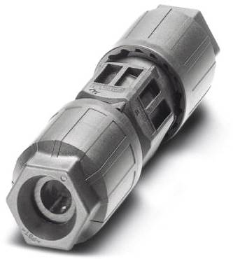 Un connecteur cylindrique gris en plastique utilisé dans des applications électriques ou électroniques.