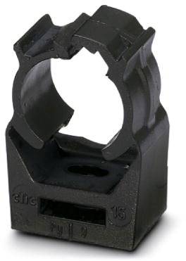 Clip en plastique noir pour la fixation sécurisée de câbles ou de tuyaux, base carrée, support circulaire en haut.