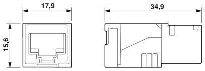 Illustration d'un diagramme technique avec les dimensions d'un objet rectangulaire : largeur 17,9 mm, hauteur 15,6 mm, longueur 34,9 mm.
