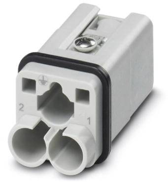 Connecteur rectangulaire blanc en plastique avec deux ouvertures et montage par vis sur la surface supérieure.