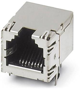 Un connecteur femelle RJ45 argenté, souvent utilisé pour les connexions Ethernet dans les équipements réseau.