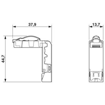 Dessin technique d'un composant électronique avec dimensions : largeur 37,9 mm, hauteur 44,7 mm, profondeur 13,7 mm. Vue latérale et vue de face.