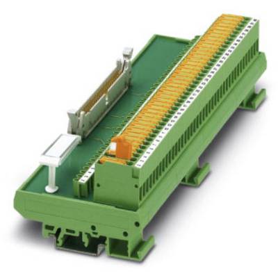 Un bloc de connecteurs vert avec plusieurs bornes oranges, représentant un dispositif de connexion électrique, adapté aux tableaux de commande.