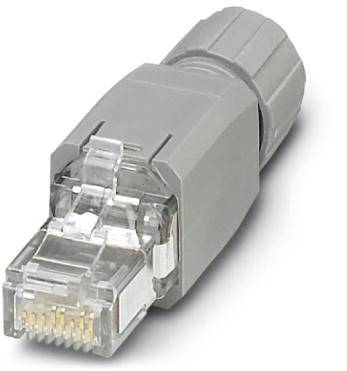 Une prise Ethernet grise avec une terminaison en plastique transparent pour câbles réseau.