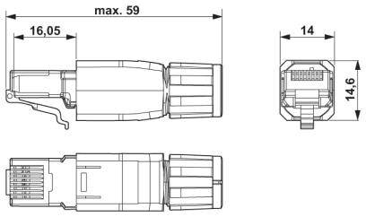 Dessin technique d'une prise réseau avec dimensions : longueur maximale 59 mm, largeur 16,05 mm, vue carrée 14 x 14,6 mm.