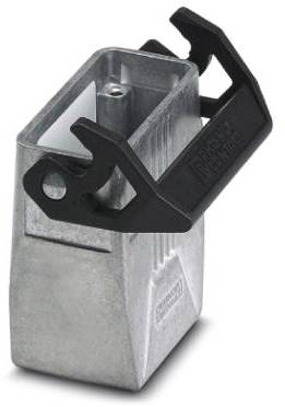 Composant métallique avec support en plastique noir, probablement une partie d'un dispositif mécanique ou électronique.