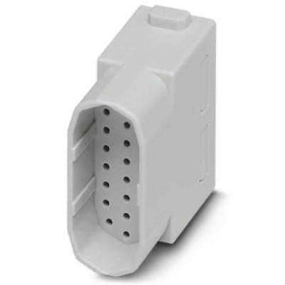 Un connecteur rectangulaire gris avec de nombreuses ouvertures de connexion verticales, adapté pour les connexions électriques.