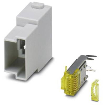 Un boîtier blanc et un connecteur jaune pour un branchement électrique, avec des contacts métalliques et du plastique transparent.
