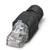 Un connecteur Ethernet noir avec un clip en plastique transparent, utilisé pour les connexions réseau.