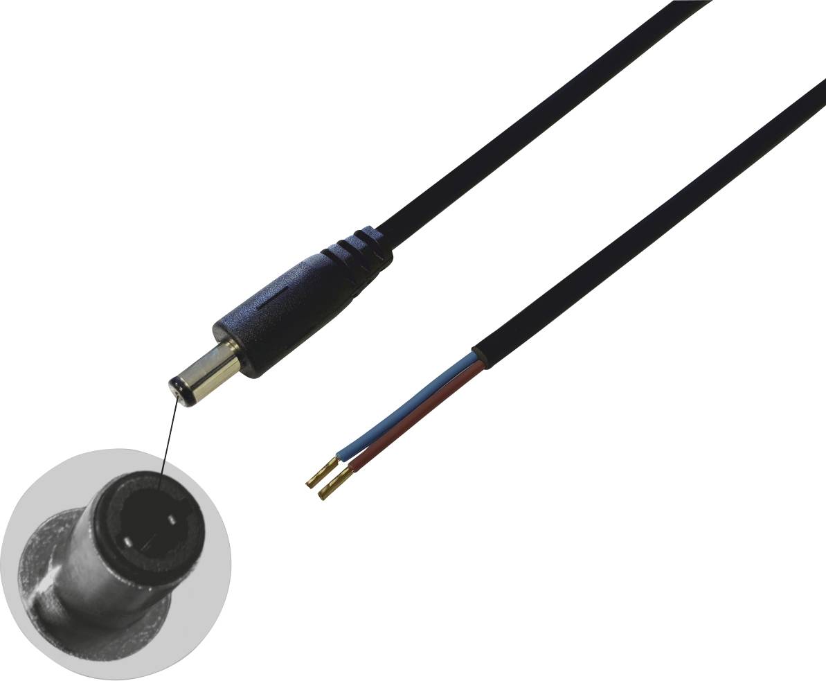 Câble d'alimentation avec un connecteur creux (2,1 mm x 5,5 mm) et extrémités dénudées, prêt à être connecté à un appareil électrique.