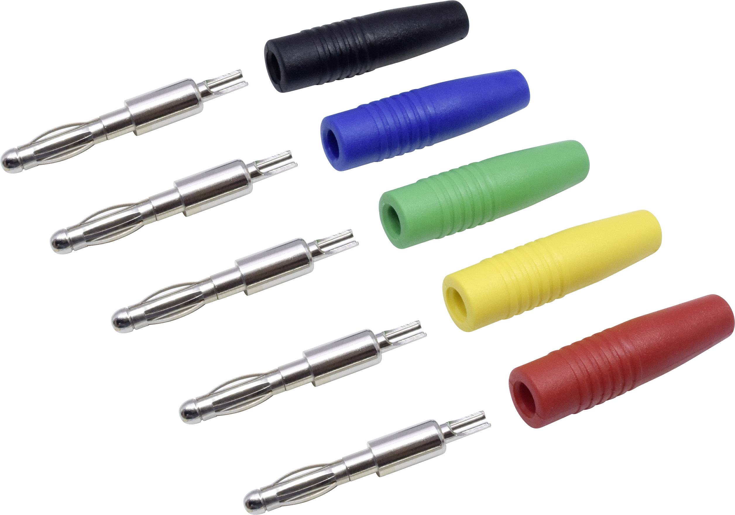 Neuf fiches bananes, chacune avec un capuchon de couleur en noir, bleu, vert, jaune, rouge, utilisées pour des connexions électriques.