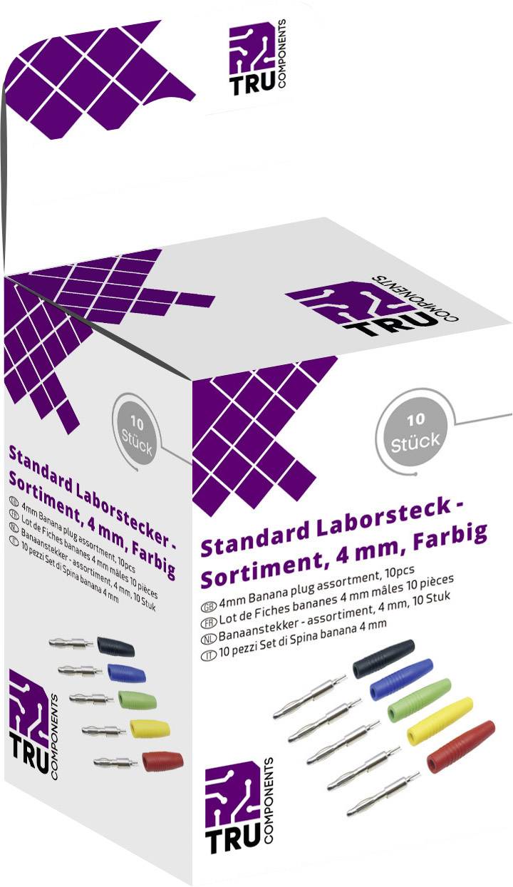 Une boîte contenant un 'Assortiment standard de fiches de laboratoire, 4 mm, Coloré, 10 pièces', présente des fiches bananes de 4 mm dans différentes couleurs.