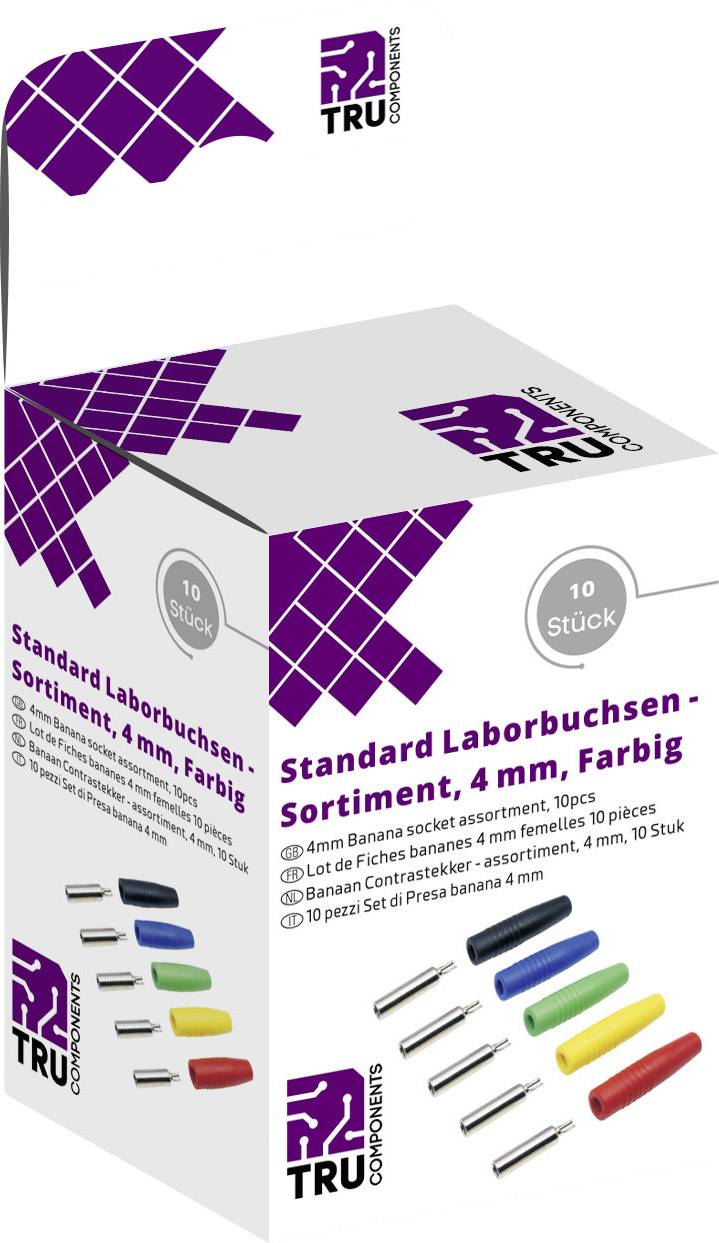 Emballage d'un ensemble de 4 bornes de laboratoire de différentes couleurs de TRU Components, lot de 10 pièces.