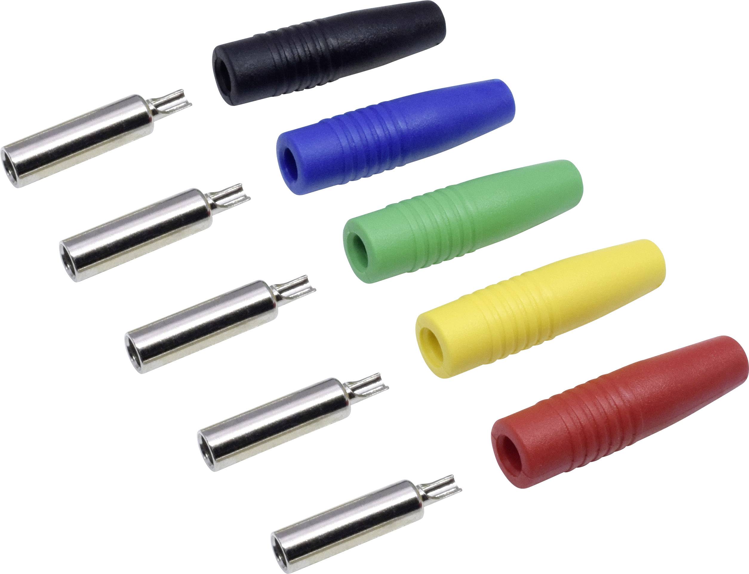 Fiches bananes en argent et gaines isolantes colorées en noir, bleu, vert, jaune et rouge, pour l'installation électrique.