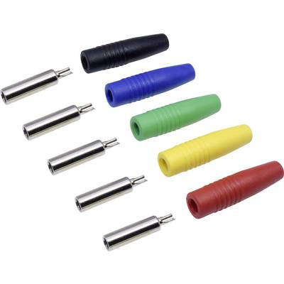 Fiches bananes en argent et gaines isolantes colorées en noir, bleu, vert, jaune et rouge, pour l'installation électrique.