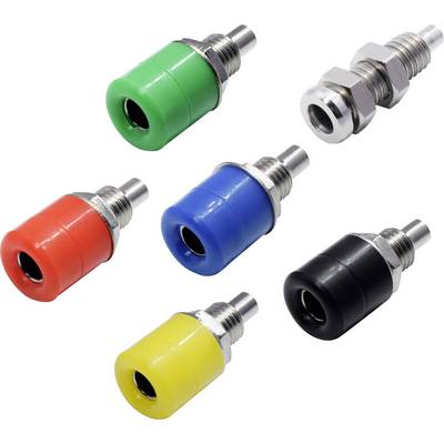 Six raccords pneumatiques enfichables de différentes couleurs (vert, rouge, bleu, jaune, noir) présentent des variations pour différents types de tuyaux.