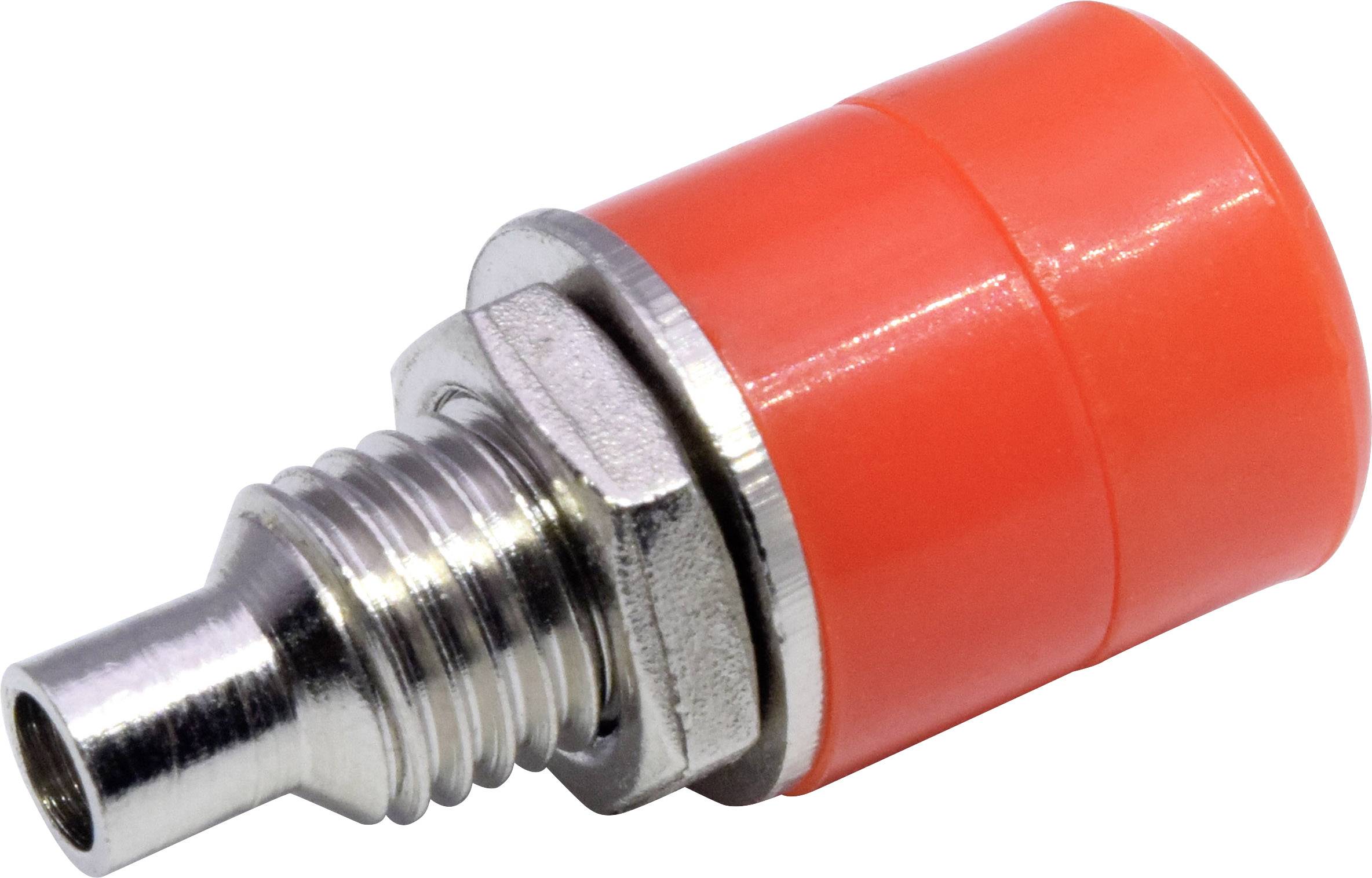 Un raccord rapide pneumatique rouge en métal et plastique, représenté de côté sur un fond blanc.