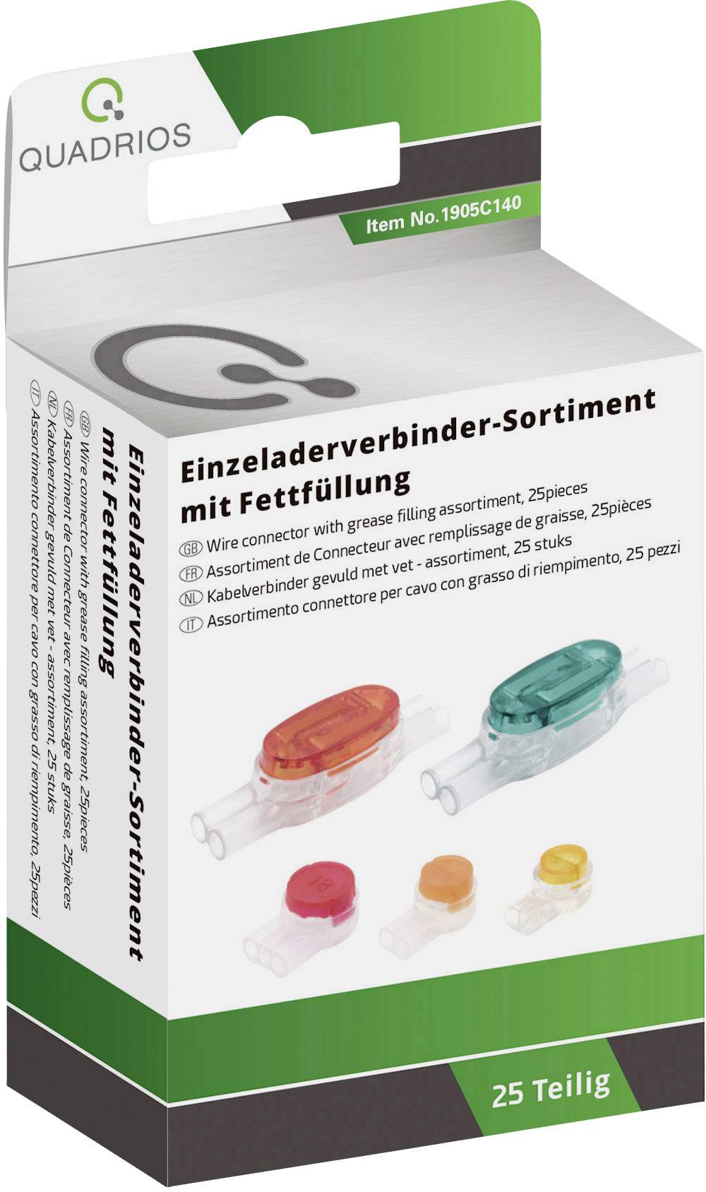 'Assortiment de connecteurs de câbles unipolaires avec remplissage de graisse, 25 pièces', Emballage pour connecteurs en différentes couleurs.