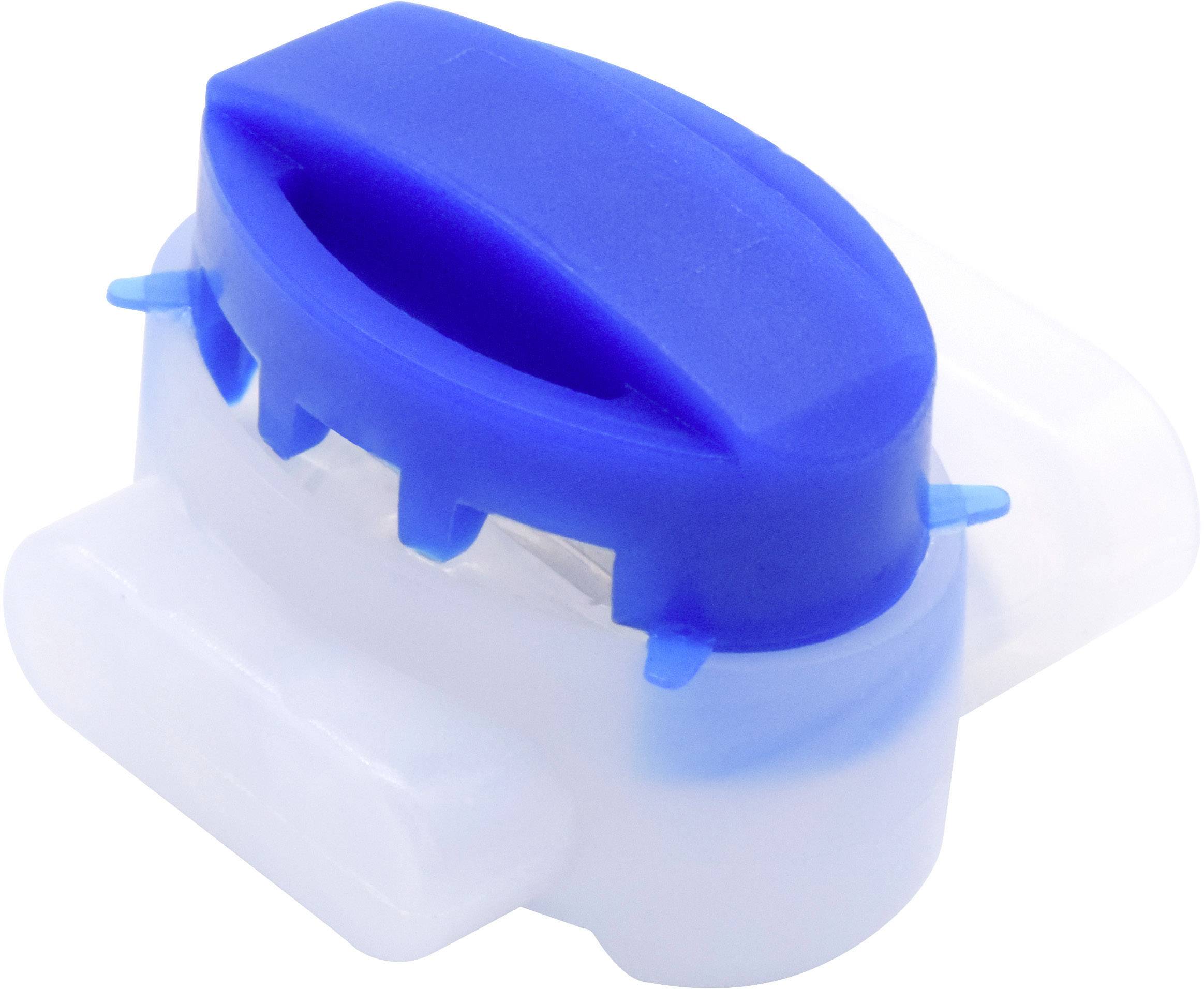 Connecteur de câble en plastique bleu et blanc avec un mécanisme de verrouillage coulissant.