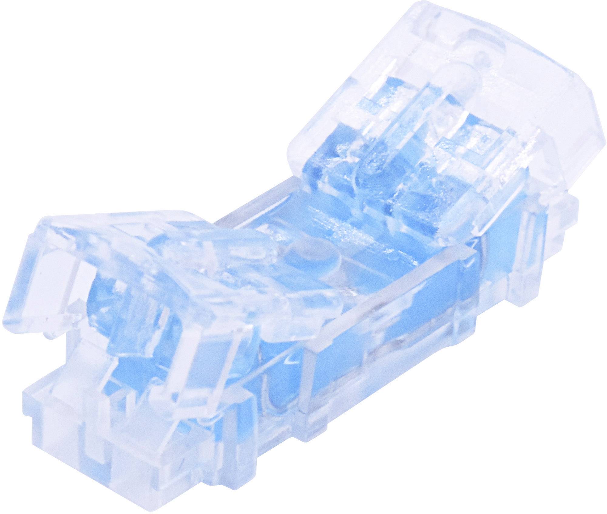Un connecteur de câble transparent bleu en gros plan, présenté ouvert pour montrer les contacts internes.