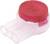 Connecteur de câble rouge, transparent, avec deux ouvertures pour fils. Marquage '18' sur le dessus. Généralement utilisé pour connecter des fils de manière sécurisée.