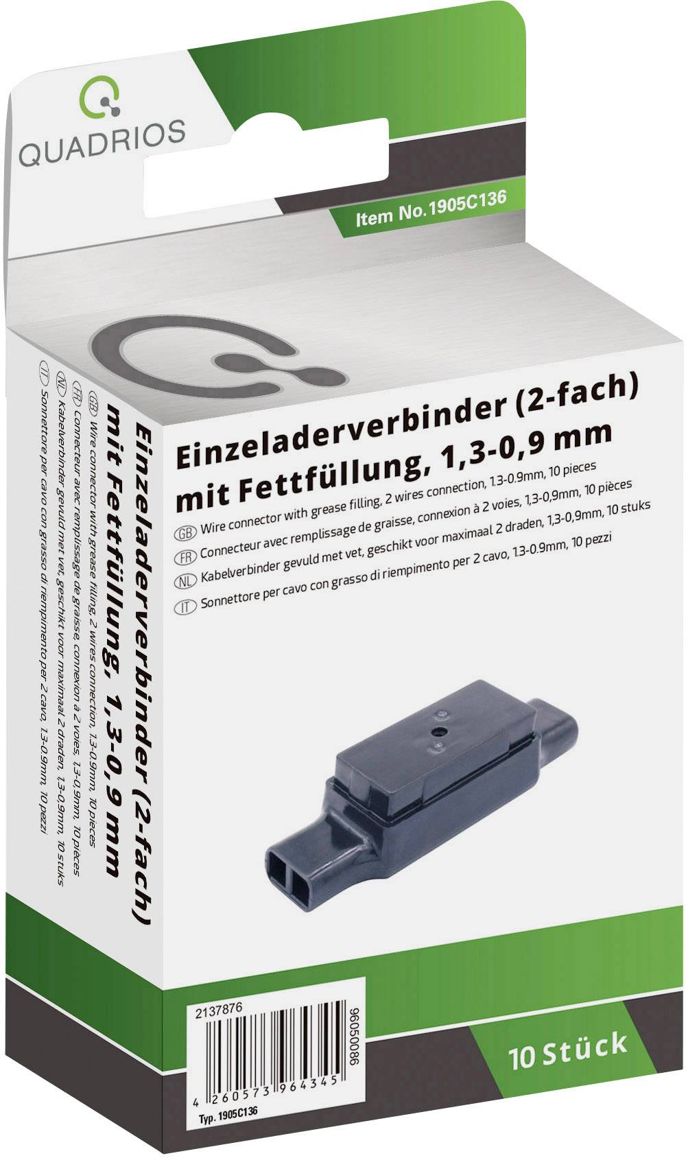 Emballage du connecteur de câble 'Quadrio' avec illustration du produit. Texte sur l'emballage : 'Connecteur de câble unipolaire (double) avec remplissage de graisse, 1,3-0,9 mm, lot de 10'.