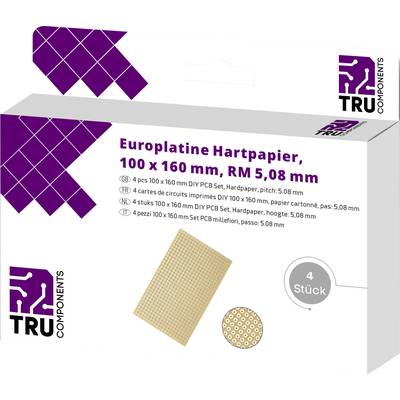 'Europatine Papier Dur, 100 x 160 mm, RM 5,08 mm' Emballage avec image du produit. Contient 4 pièces, ensemble de PCB de TRU Components.