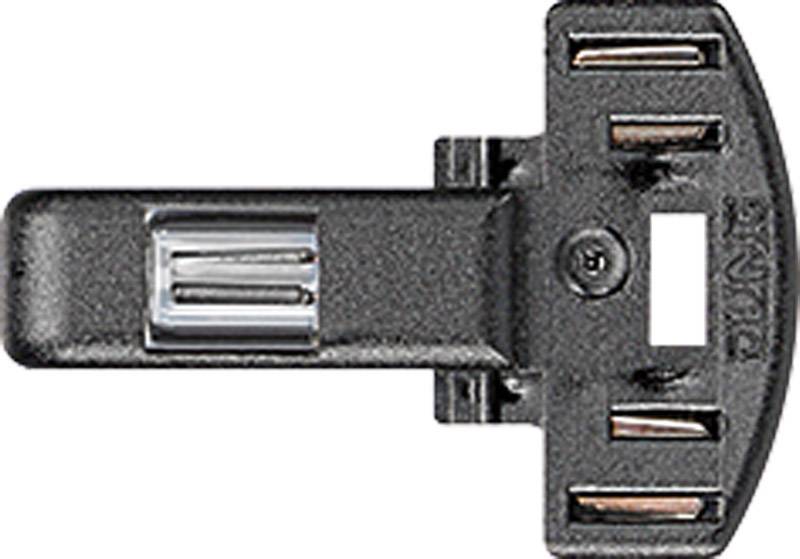 Un clip en plastique noir, rectangulaire, avec plusieurs ouvertures et une section transparente au centre.