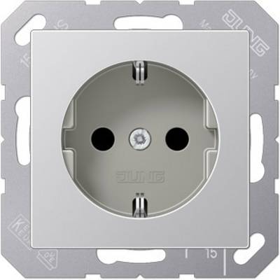 Prise murale argentée à deux ouvertures avec une vis centrale, compatible avec les fiches Schuko standard.