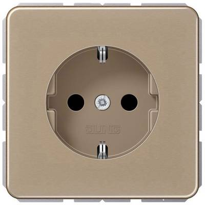 Prise électrique beige dans un cadre carré, avec une ouverture centrale de branchement et deux ouvertures de contact. Adaptée aux fiches électriques standard.