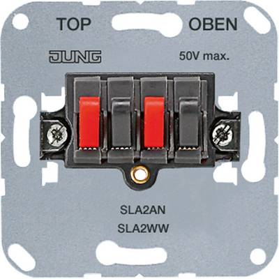 Interrupteur lumineux avec interrupteurs rouges, marque Jung, tension maximale de 50V, numéros de modèle SLA2AN et SLA2WW, portant l'indication 'TOP/OBEN' en haut.