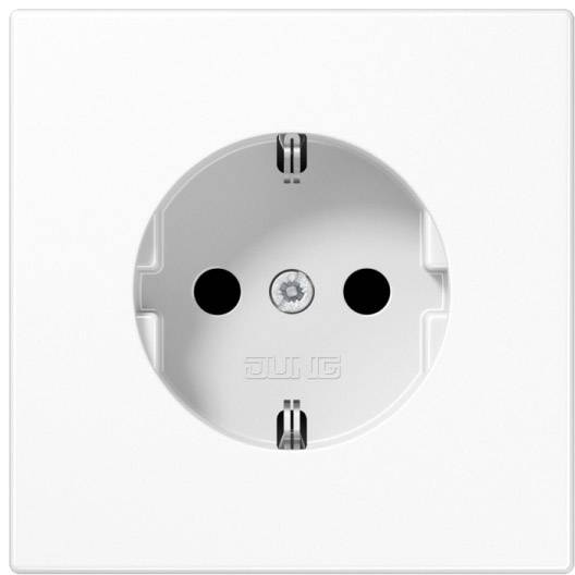 Prise électrique blanche encastrée dans un mur, bipolaire, compatible avec les fiches européennes, avec terre de sécurité pour la sécurité électrique, fixation centrale par vis.