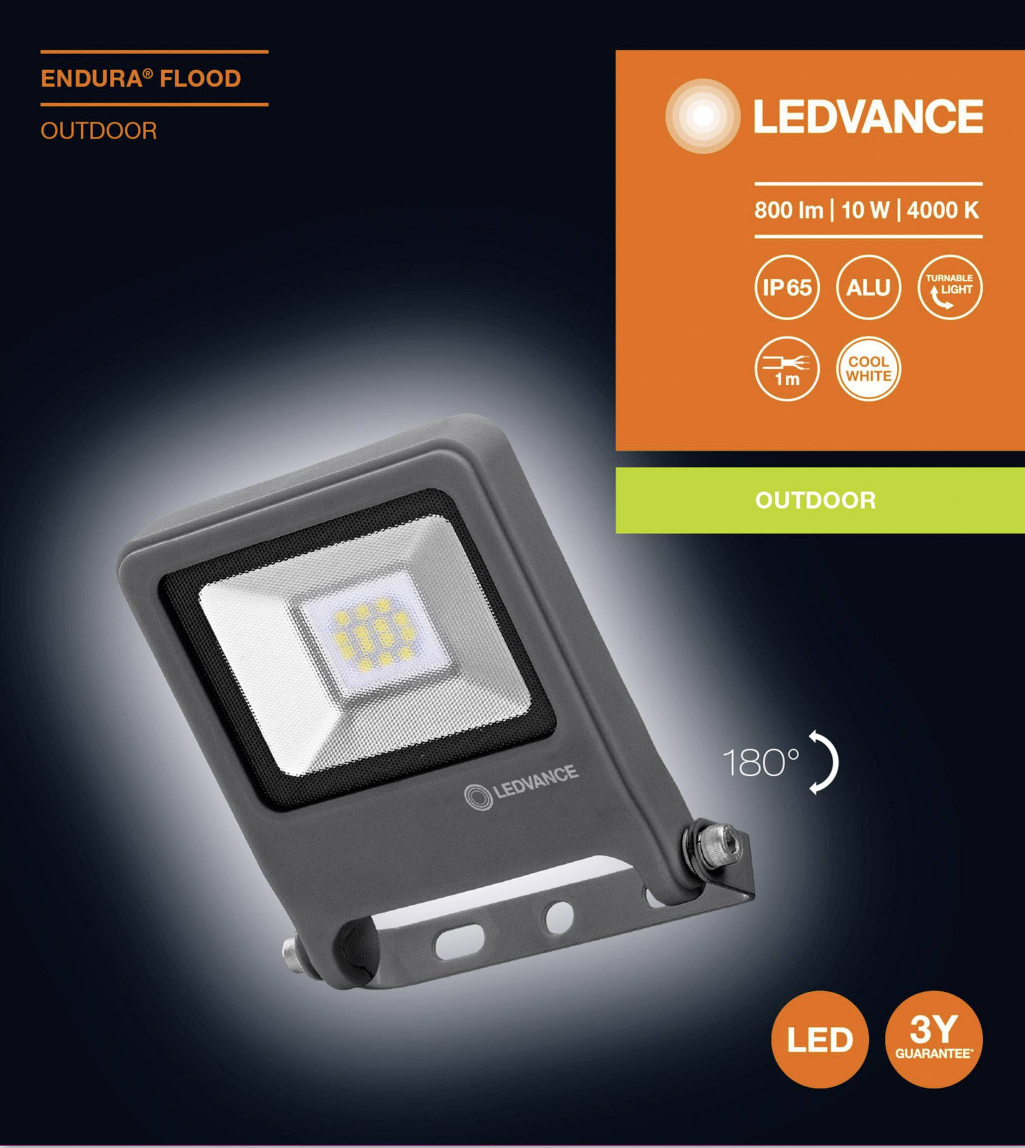 Projecteur extérieur 'Endura Flood', 800 lumens, 10 watts, 4000 Kelvin, IP65, aluminium, câble de 1 m, lumière blanche froide, orientable, garantie de 3 ans.