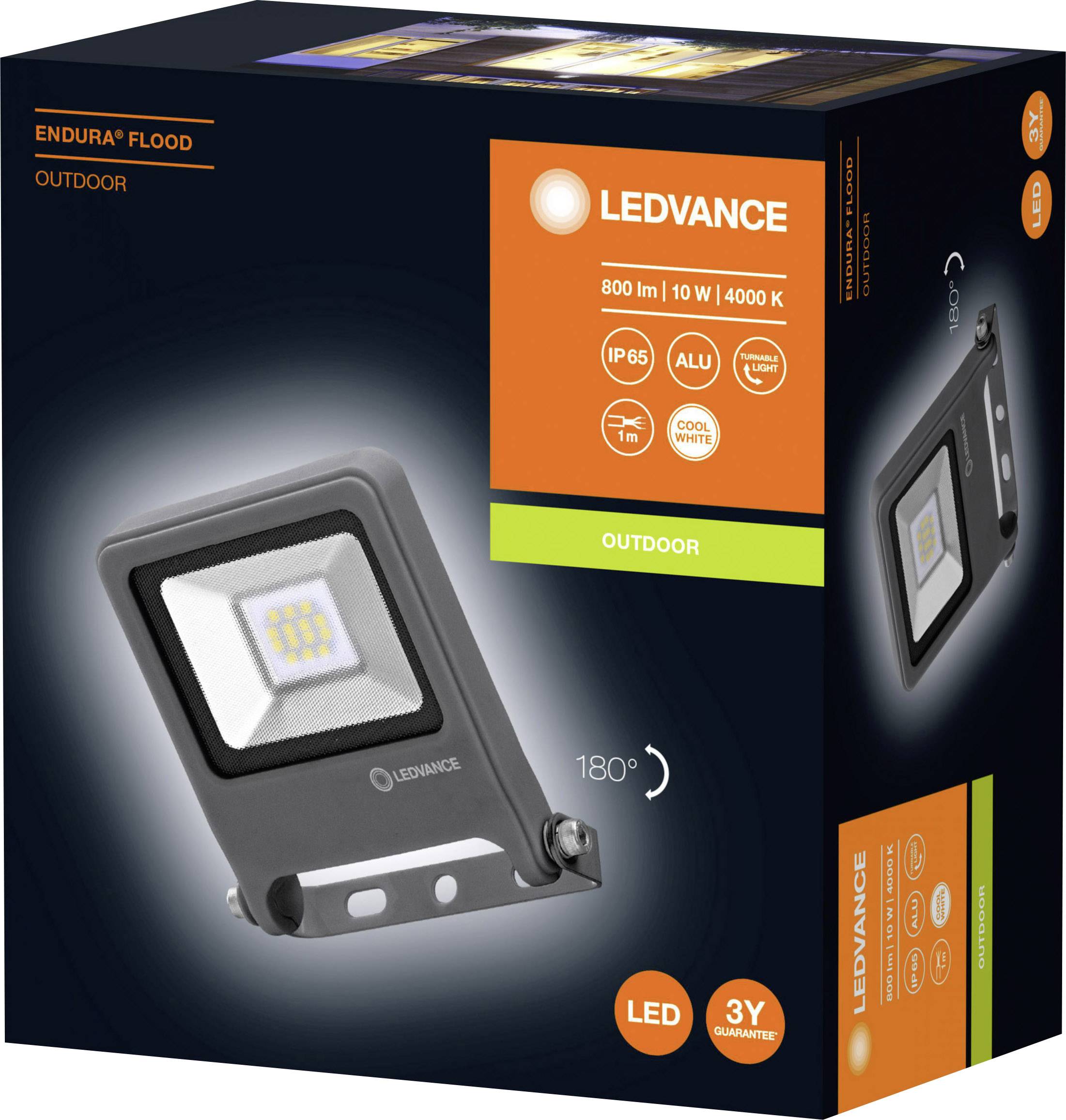 'LEDVANCE Endura Flood' projecteur LED pour extérieur, 10W, 800 lm, IP65, 4000K, tel que représenté sur l'emballage.