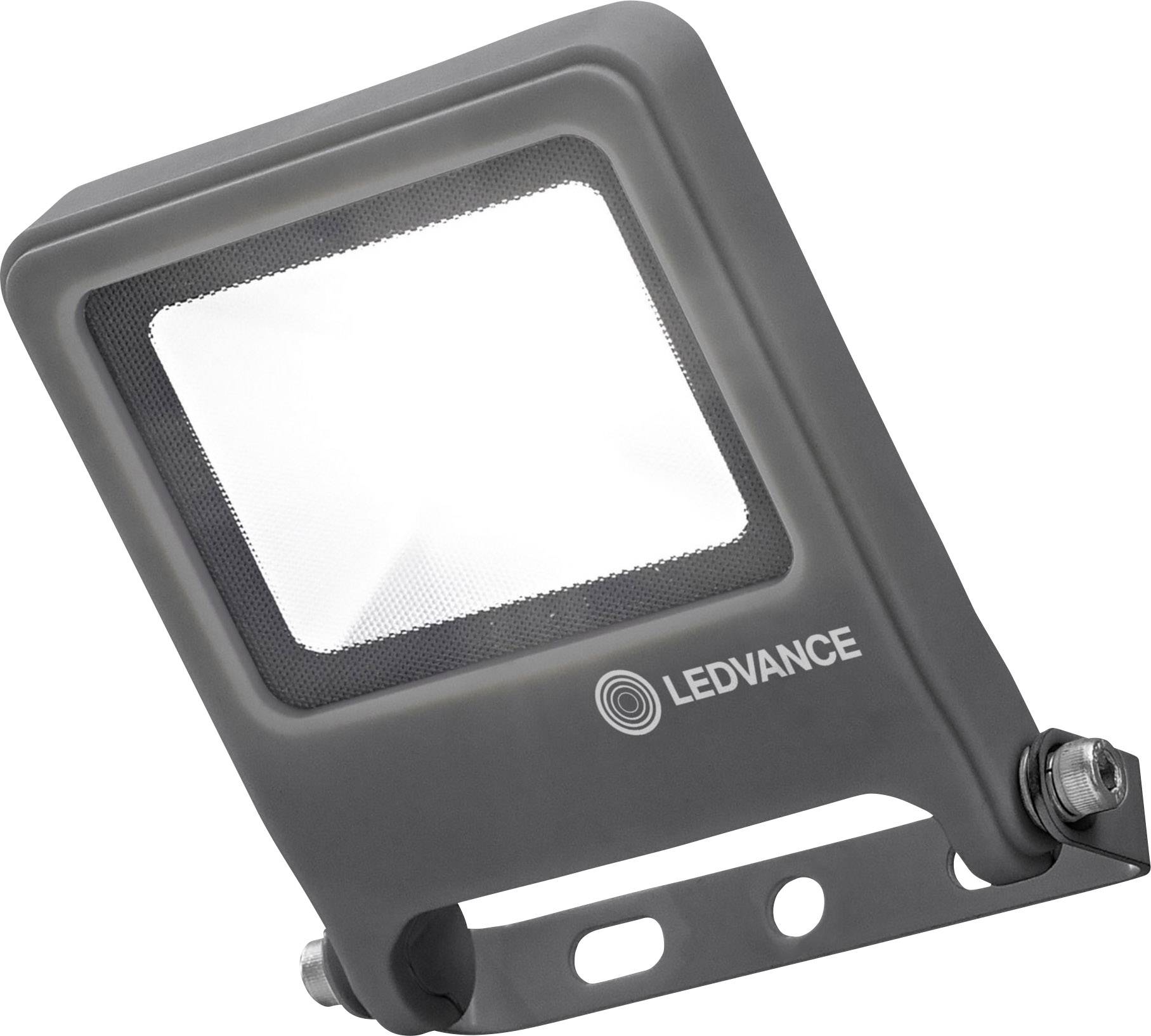 Un projecteur LED noir de LEDVANCE avec un panneau frontal lumineux rectangulaire, monté sur un support réglable.