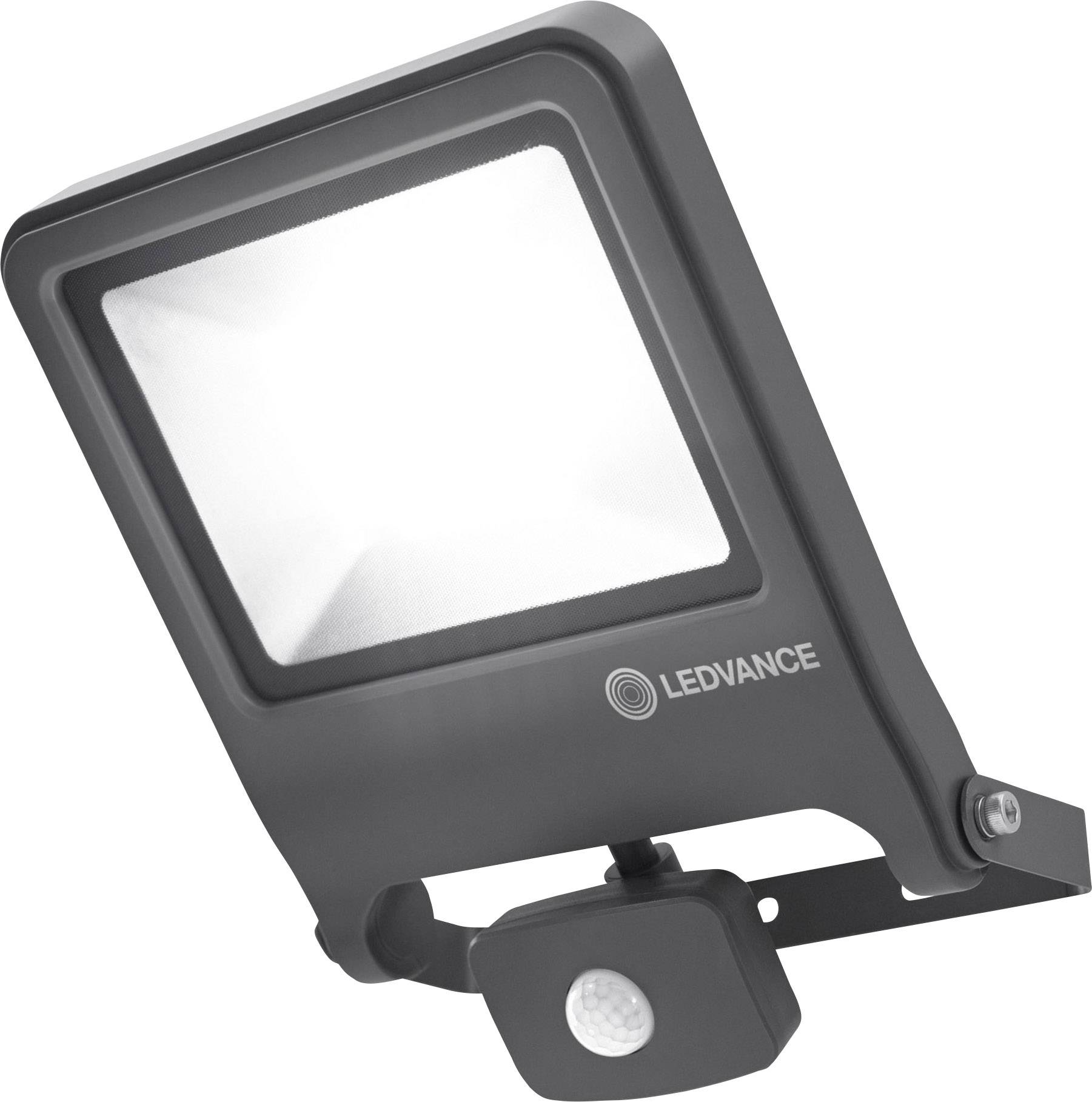 Projecteur LED avec détecteur de mouvement, nom de marque 'LEDVANCE' visible sur le devant.