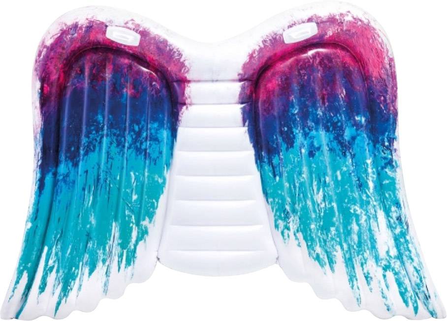 Un coussin de natation gonflable en forme d'ailes d'ange avec des tons de couleurs rose et bleu sur un fond blanc.