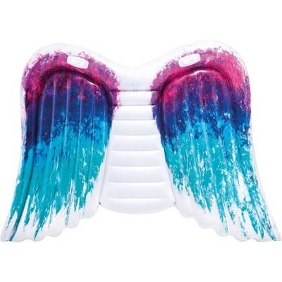 Un coussin de natation gonflable en forme d'ailes d'ange avec des tons de couleurs rose et bleu sur un fond blanc.