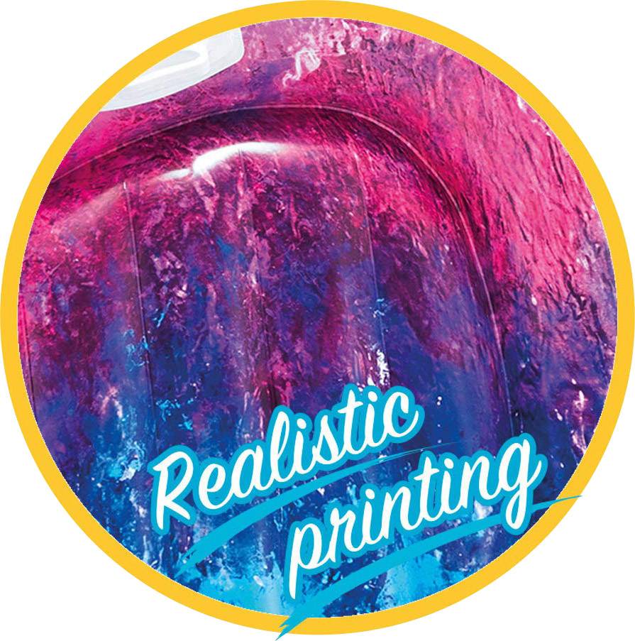 Graphique abstraite avec des textures bleues et rouges et l'inscription 'Realistic printing' en bleu ondulé sur une forme bordée de jaune.