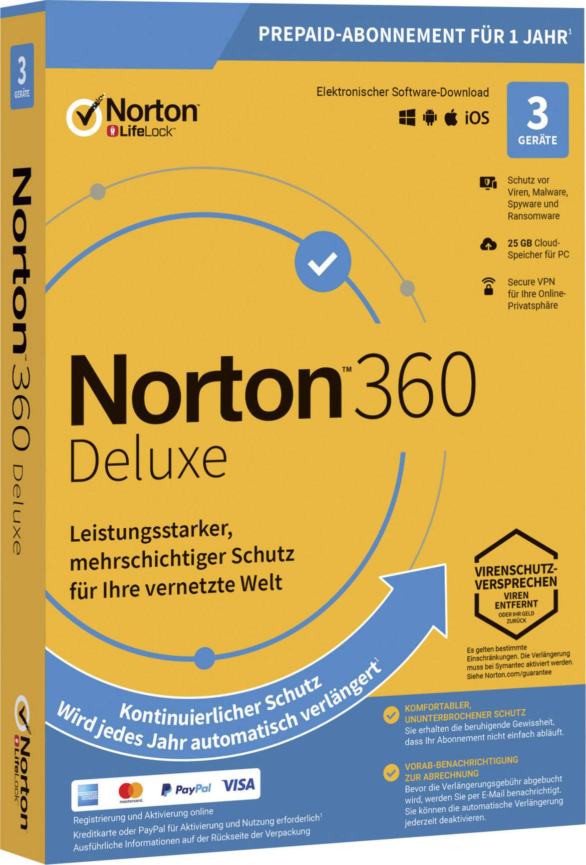 Boîte du logiciel de sécurité 'Norton 360 Deluxe', offre une protection de performance pour 3 appareils pendant un an, incluant des outils contre les menaces.
