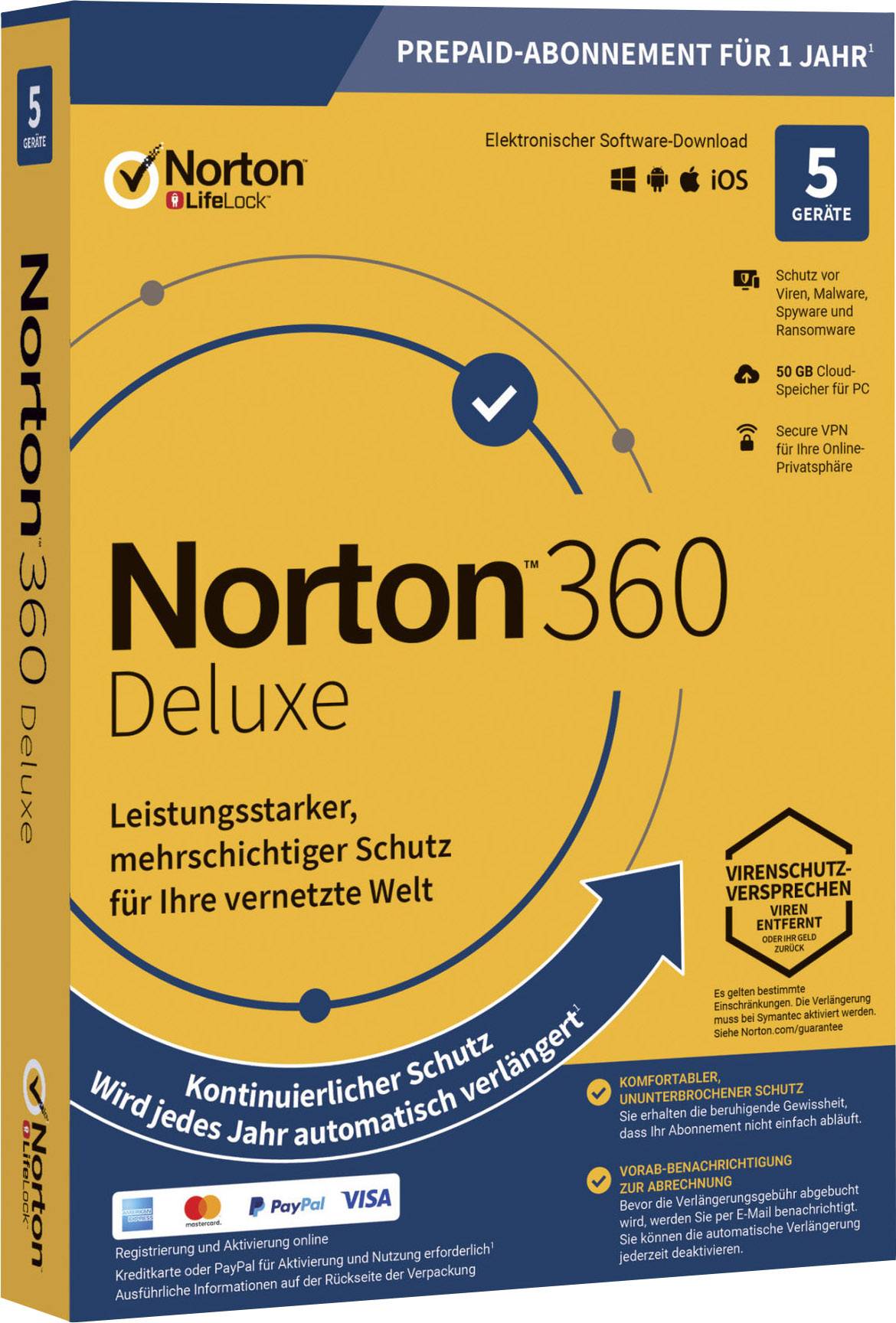 Emballage de 'Norton 360 Deluxe' pour 5 appareils. Offre une protection de sécurité numérique avec abonnement annuel et renouvellement automatique.
