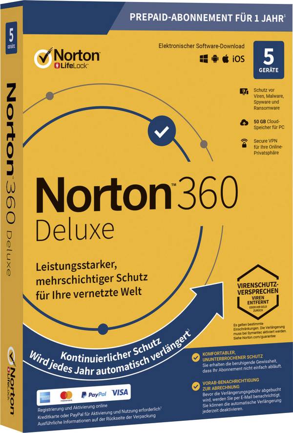 Norton Norton™ 360 Deluxe 50GB GE 1 USER 5 DEVICE 12MO licence annuelle, 5 licences Windows, Mac, Android Antivirus
