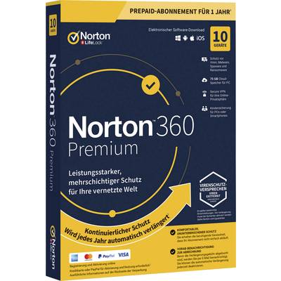 Norton Life Lock Norton™ 360 Premium 75GB GE 1 USER 10 DEVICE 12MO licence annuelle, 10 licences Windows, Mac, Android A