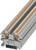 'Barrette de connexion gris-orange pour connexion électrique, vue latérale. Double rangée de bornes, adaptée pour montage sur rail DIN.'