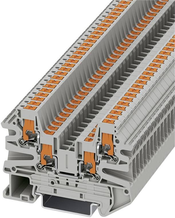 Barrette de connexion grise avec des éléments orange, montrant des points de connexion électriques, construite de manière multicouche et modulaire, pour des applications de armoires électriques.