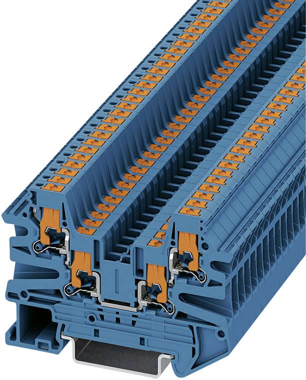 Connecteur modulaire bleu à plusieurs niveaux et bornes, adapté à l'installation dans les tableaux électriques.