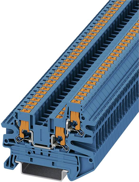 Barrette de bornes en bleu et orange, montrant plusieurs bornes de connexion. Elle est montée sur un socle gris, destinée au câblage électrique.