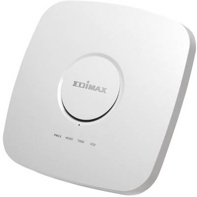 Un moniteur de qualité de l'air blanc et carré avec le nom de la marque au centre. Affiche les valeurs de PM2.5, HCHO, TVOC et CO2.