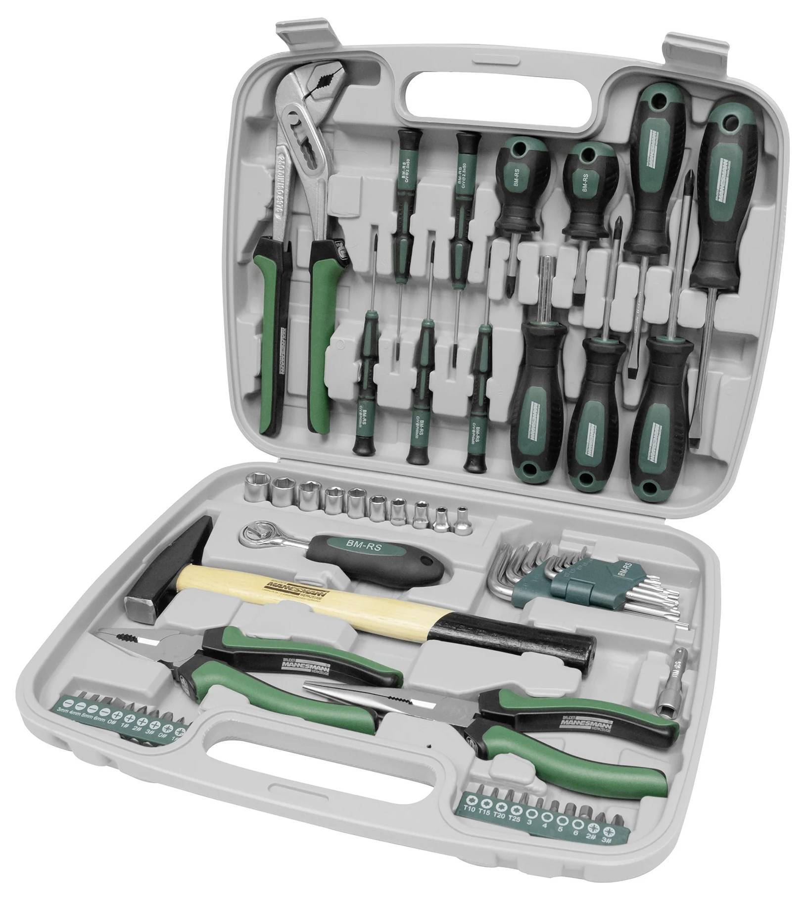 Une boîte à outils ouverte avec divers outils, comprenant des tournevis, des pinces, un marteau et des clés à douille, soigneusement rangés.